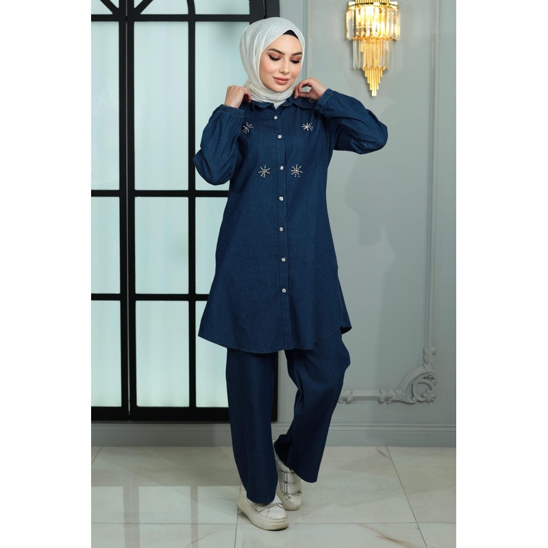 Buttoned Stone Detailed Denim Suit Dark Blue 19149