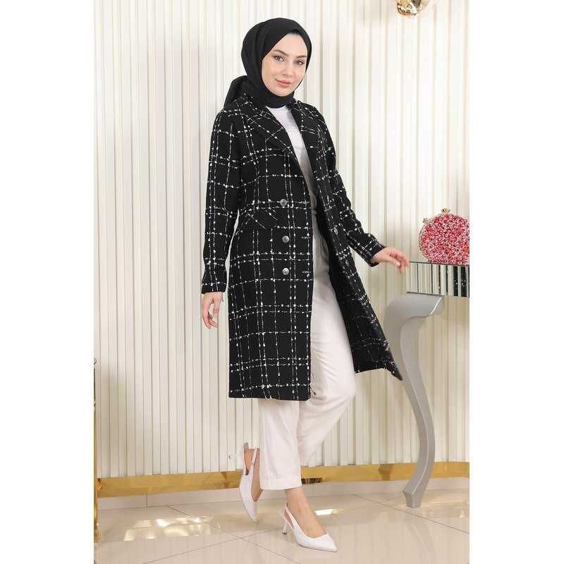 Buttoned Wide Collar Cashmere Coat Black 19177