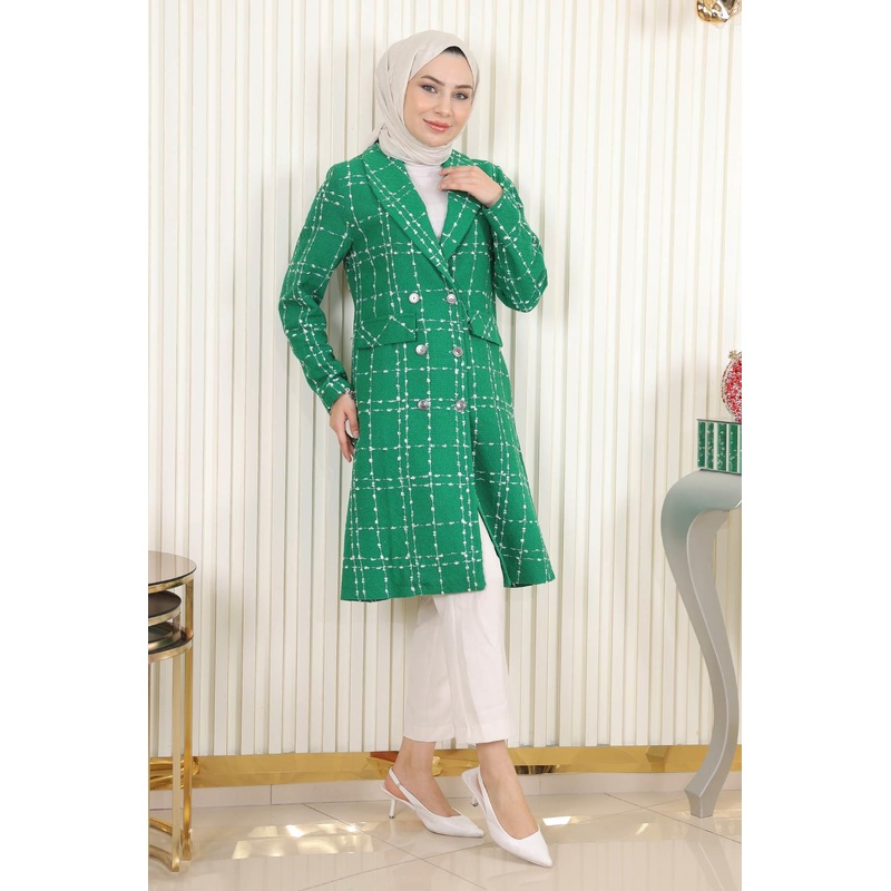 Buttoned Wide Collar Cashmere Coat Emerald 19177