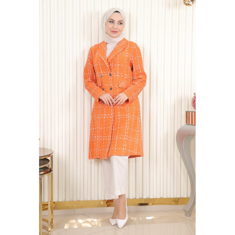 Buttoned Wide Collar Cashmere Coat Orange 19177