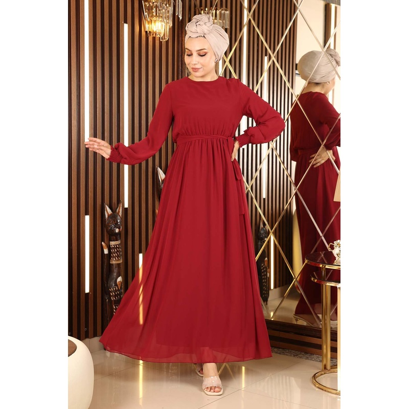 Chiffon Evening Dress With Elastic Cuff, Burgundy 12003