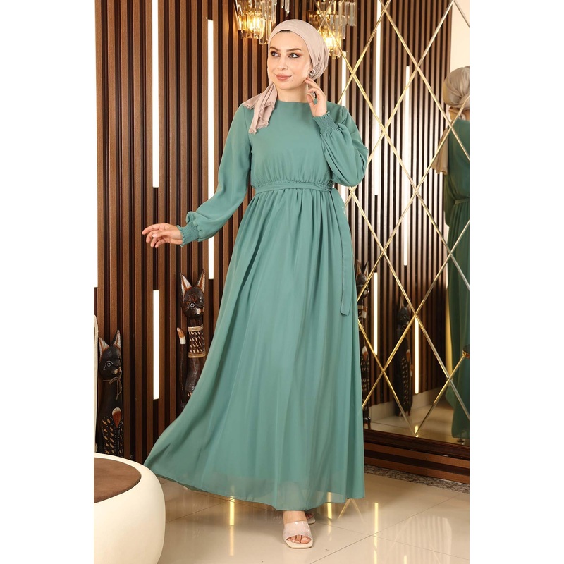 Elastic Cuff Chiffon Evening Dress Mint 12003