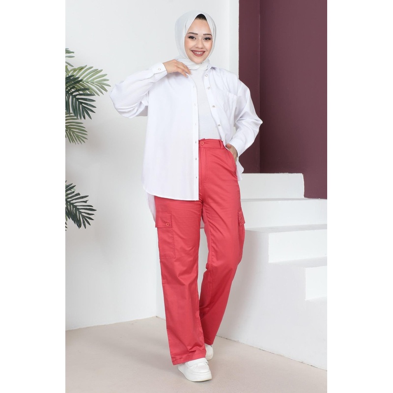 Elastic Waist Wide Leg Trousers Red 6071