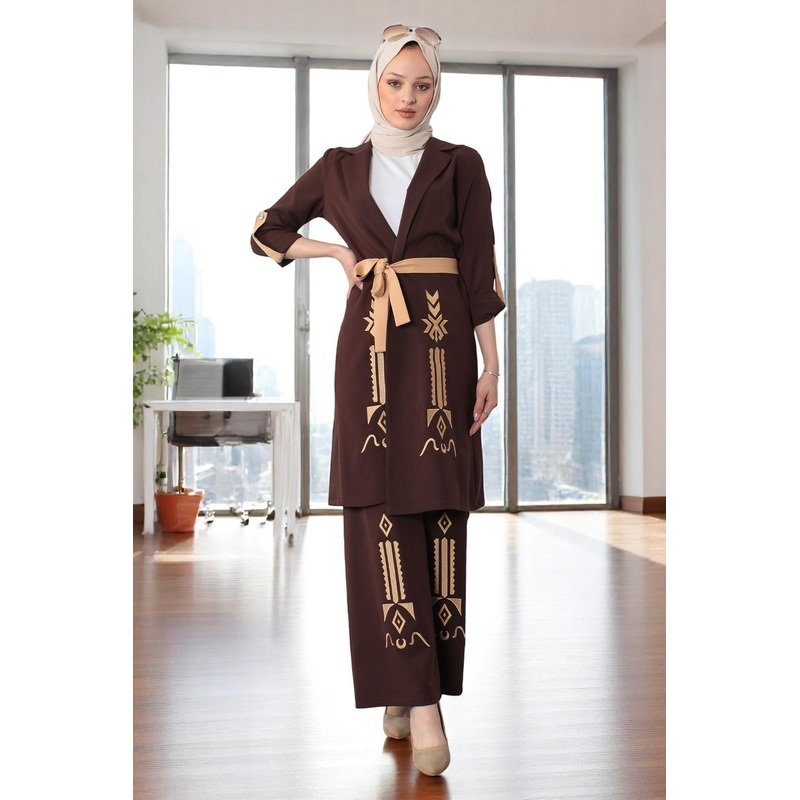 Embroidered Detailed Suit Brown 19002
