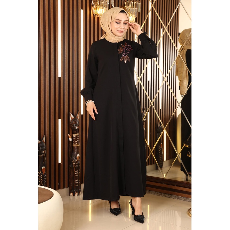 Embroidered Hijab Abaya Black 10773