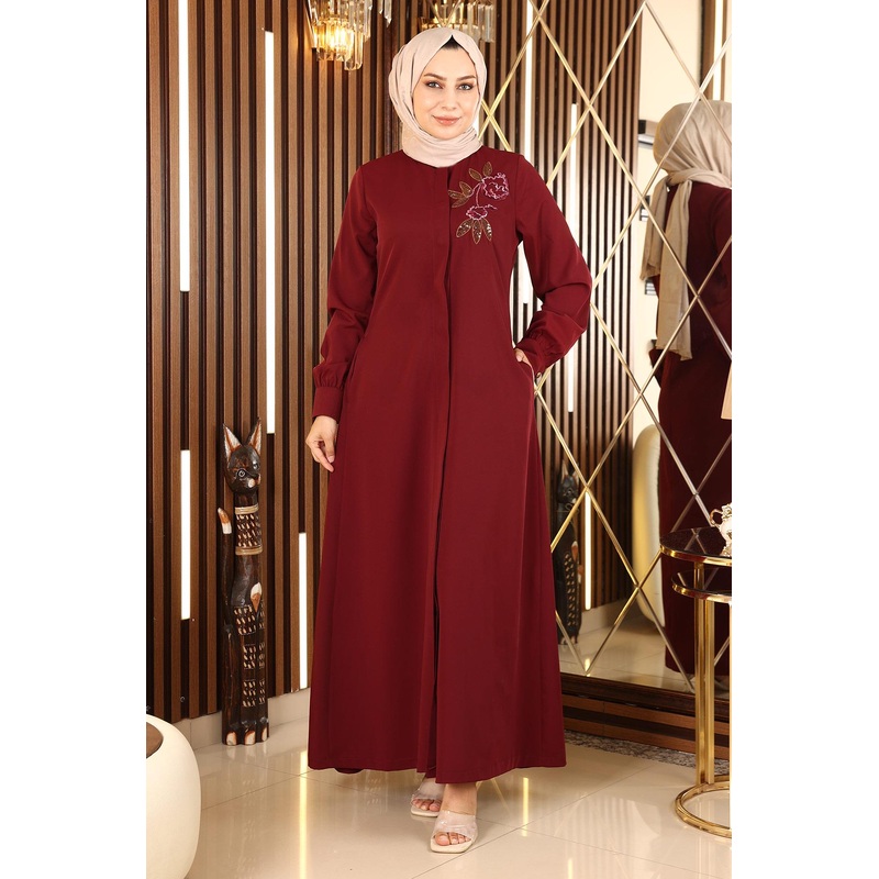 Embroidered Hijab Abaya Claret Red 10773