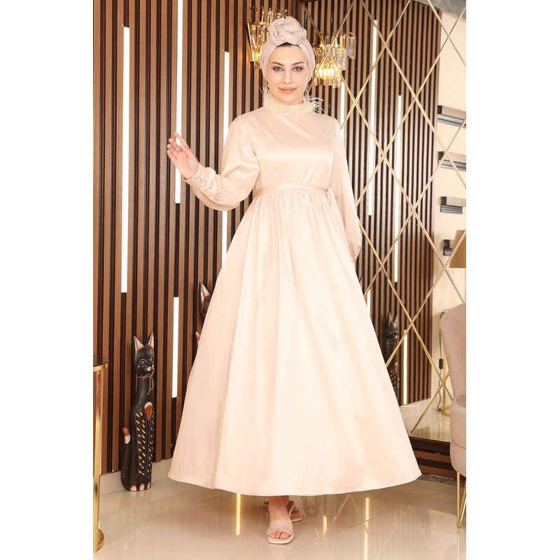 Feather Detailed Satin Evening Dress Beige 19123