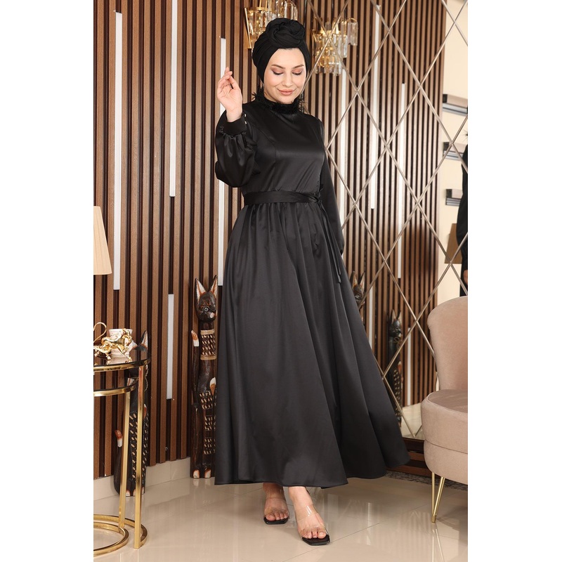 Feather Detailed Satin Evening Dress Black 19123