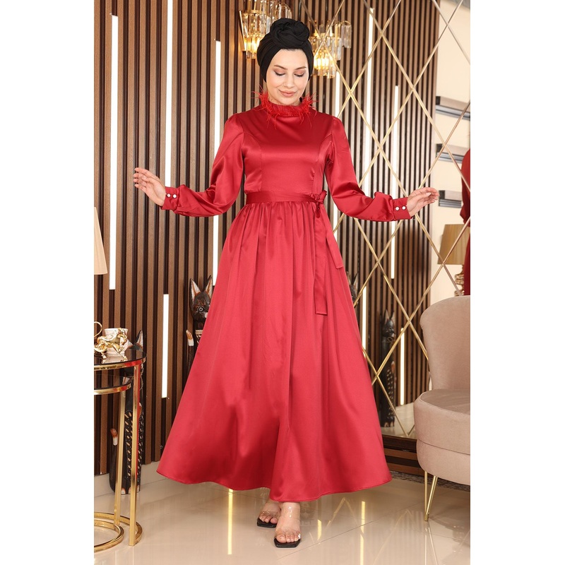 Feather Detailed Satin Evening Dress Red 19123