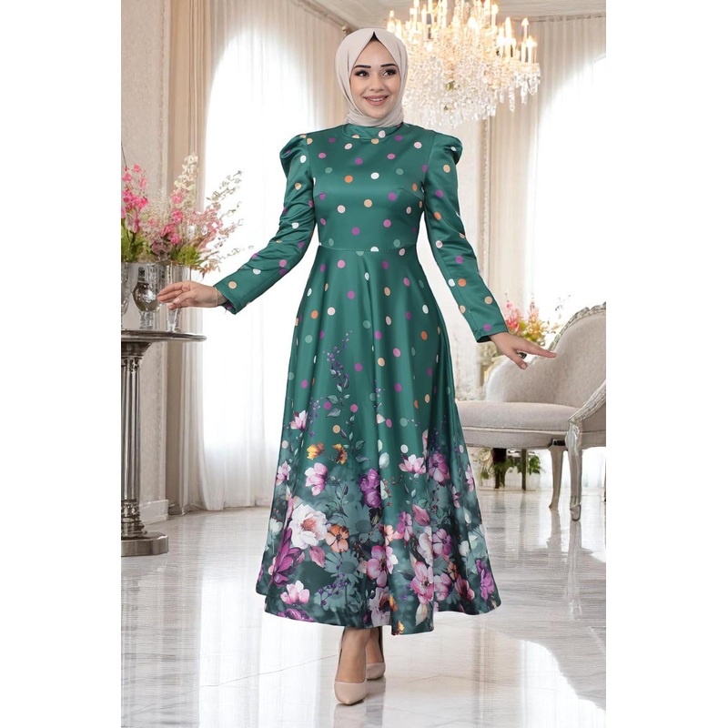 Floral Polka Dot Satin Evening Dress Emerald 12251