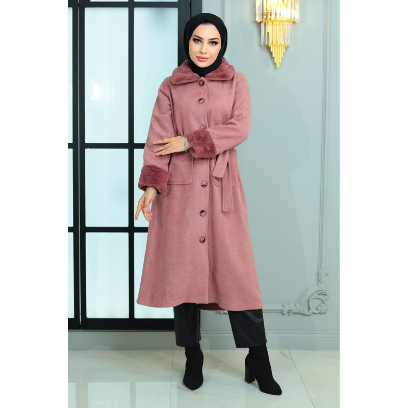 Fur Detailed Cashmere Coat Dusty Rose 19175