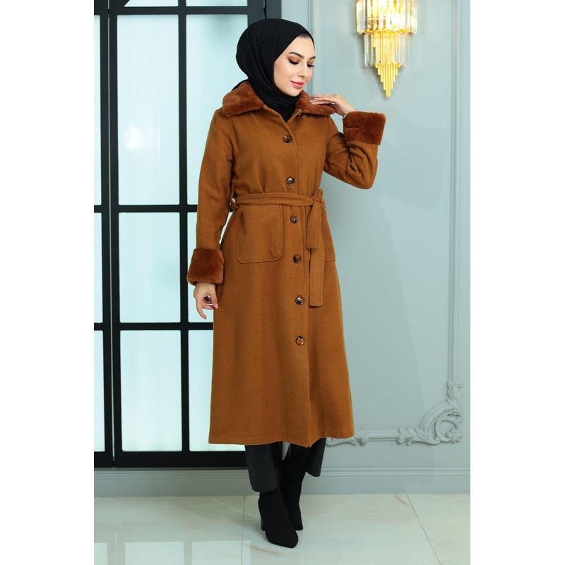 Fur Detailed Cashmere Coat Tan 19175