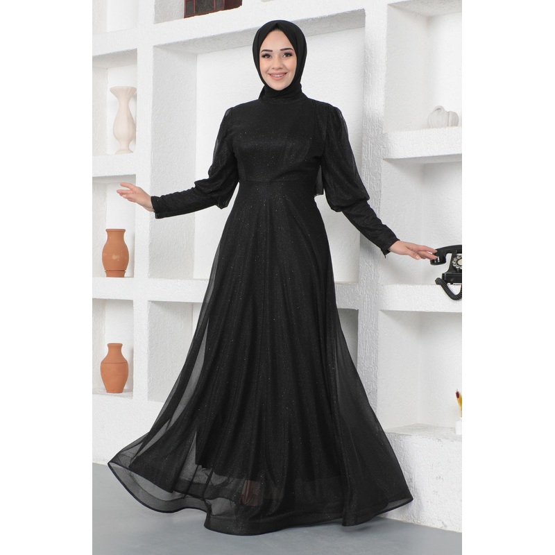 Glittery Evening Dress With Zipper Detail On The Cuff, Black 12253