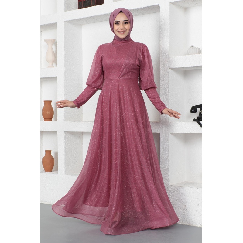 Glittery Evening Dress With Zipper Detail On The Cuff, Dusty Rose 12253