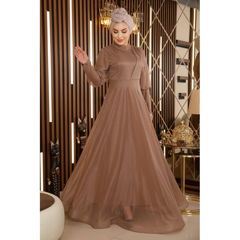 Glittery Evening Dress With Zipper Detail On The Cuff, Mink 12253