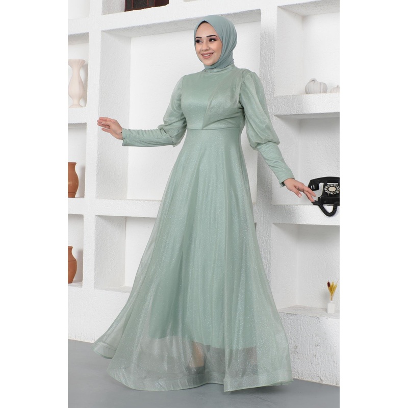 Glittery Evening Dress With Zipper Detail On The Cuff, Mint 12253