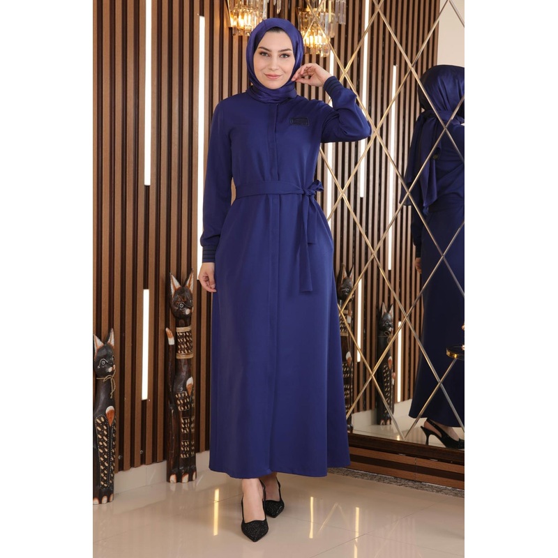 Hidden Buttoned Ribbed Abaya Indigo 18901