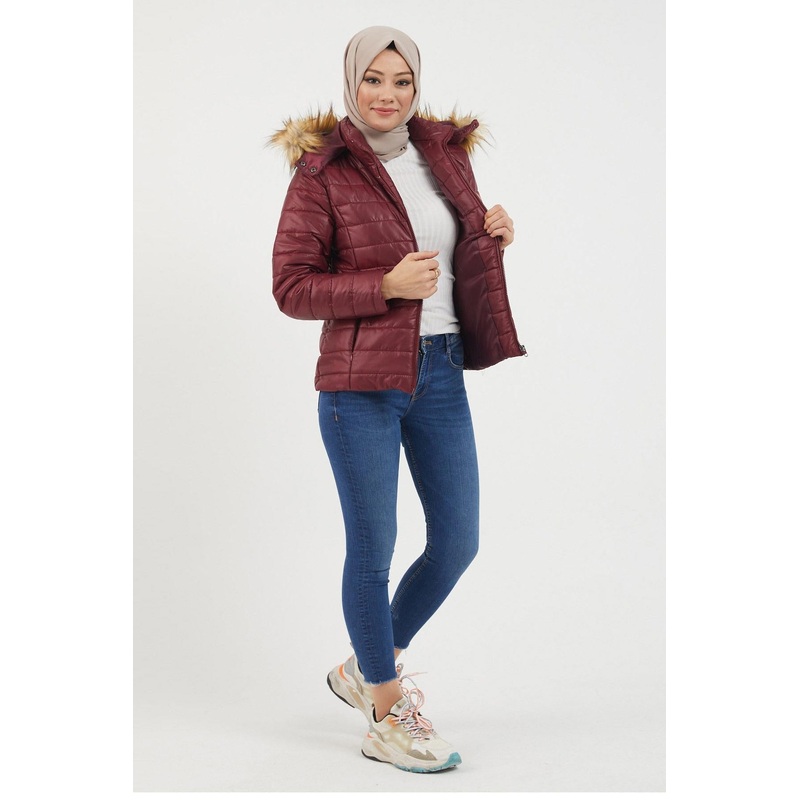 Hooded Short Quilted Coat Claret Red 12262
