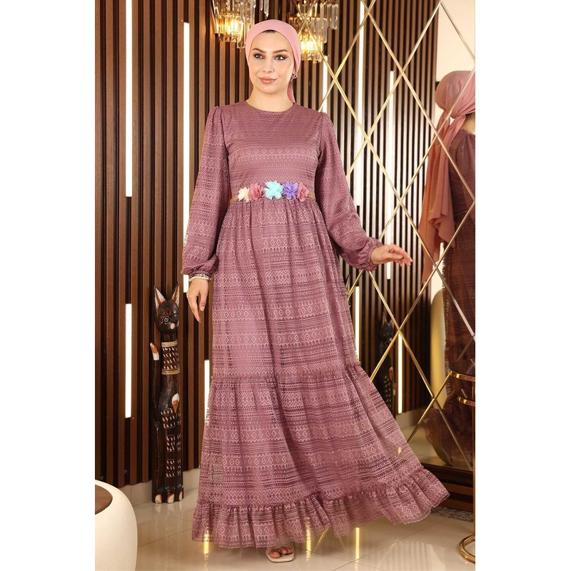 Lace Belted Floral Dress, Dusty Rose 10242