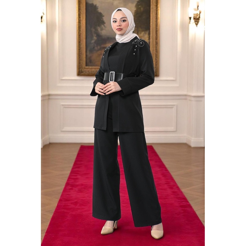 Lace Detailed Jumpsuit Set Black 19003