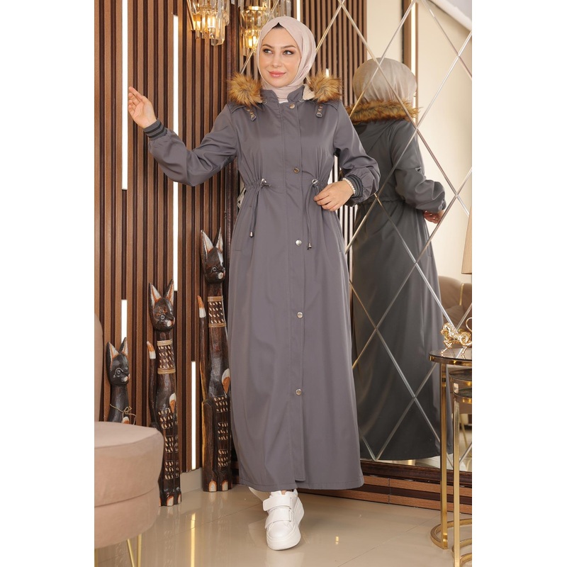 Large Size Hooded Ribbed Coat Gray 15500