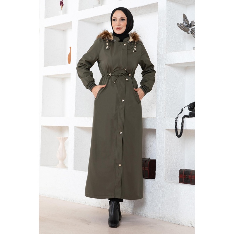 Large Size Hooded Ribbed Coat Khaki 15500
