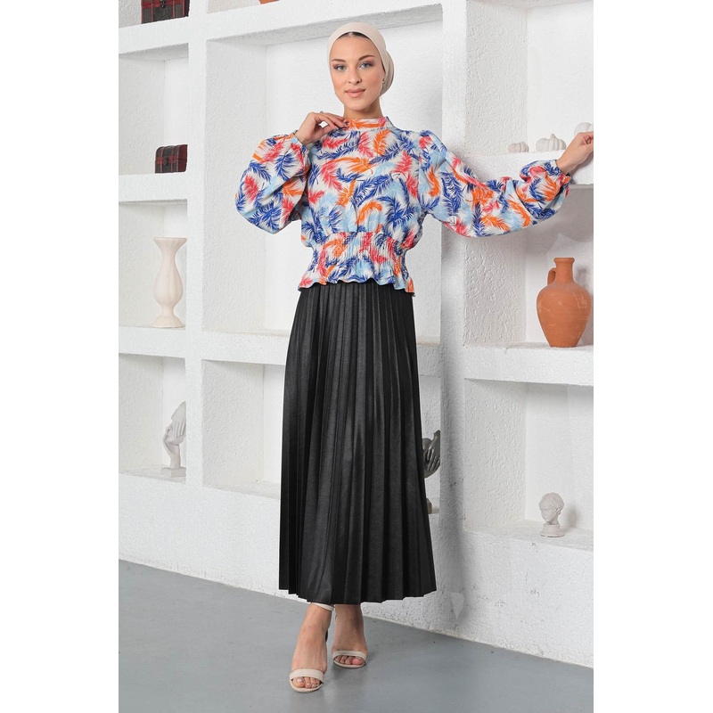 Patterned Elastic Blouse Blue 19800