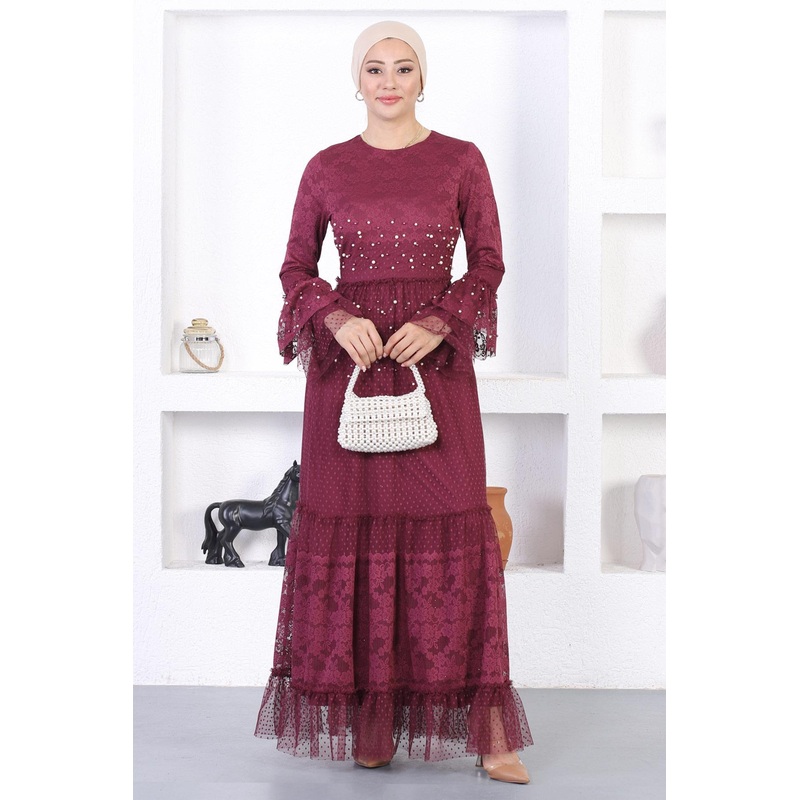 Pearl Lace Flounce Sleeve Evening Dress Burgundy 12213