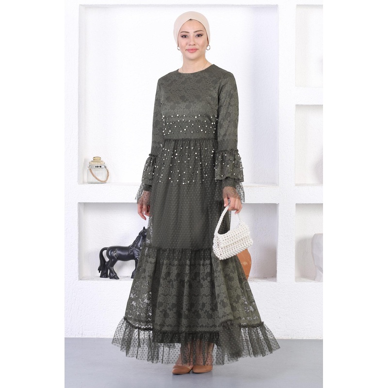 Pearl Lace Flounce Sleeve Evening Dress Khaki 12213