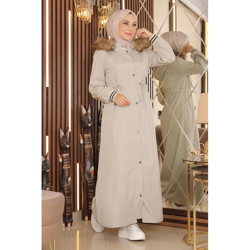 Plus Size Hooded Ribbed Coat Beige 15500