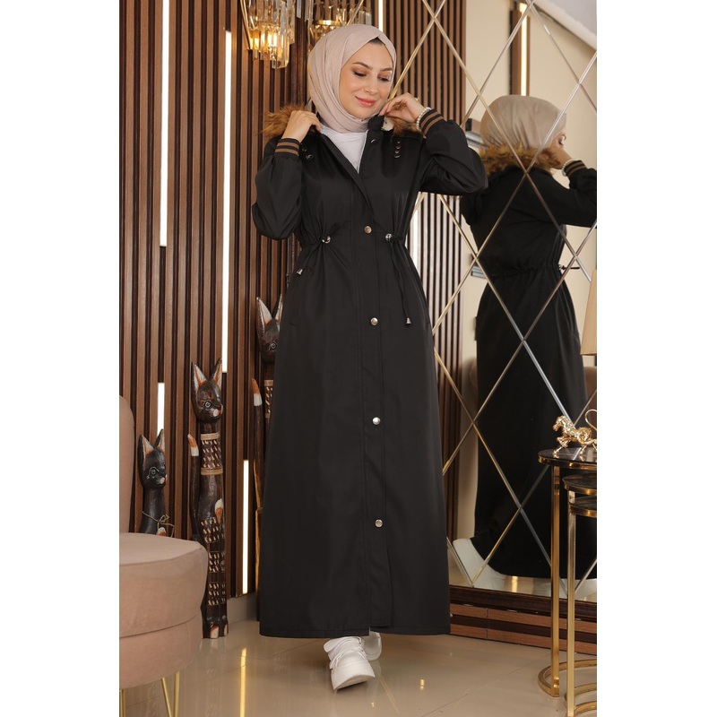 Plus Size Hooded Ribbed Coat Black 15500