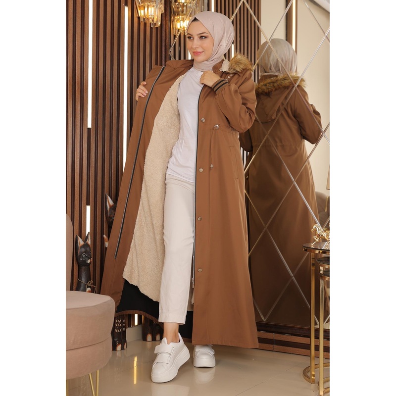 Plus Size Hooded Ribbed Coat Tan 15500