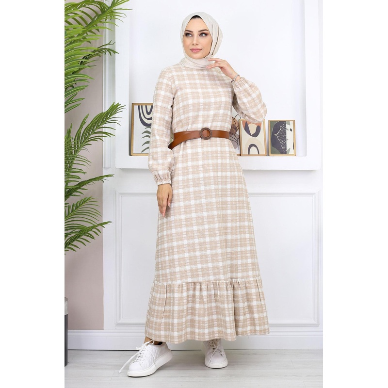 Ruffled Hijab Dress Beige 19165
