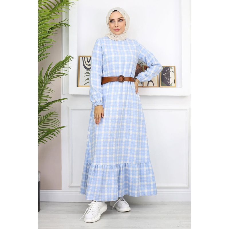 Ruffled Hijab Dress Blue 19165