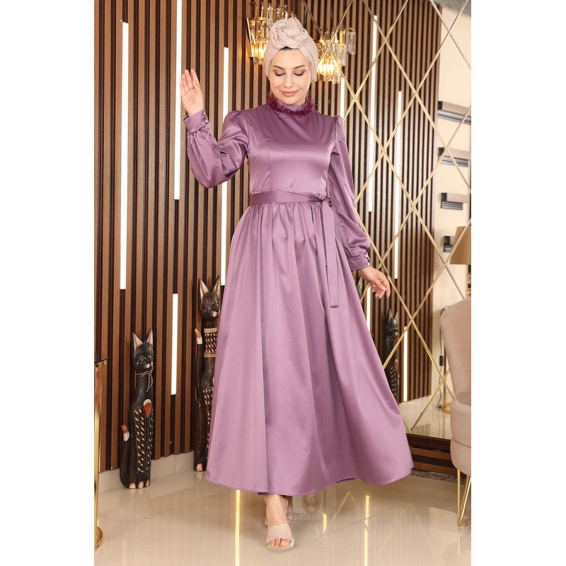 Satin Evening Dress With Feather Detail, Lilac 19123