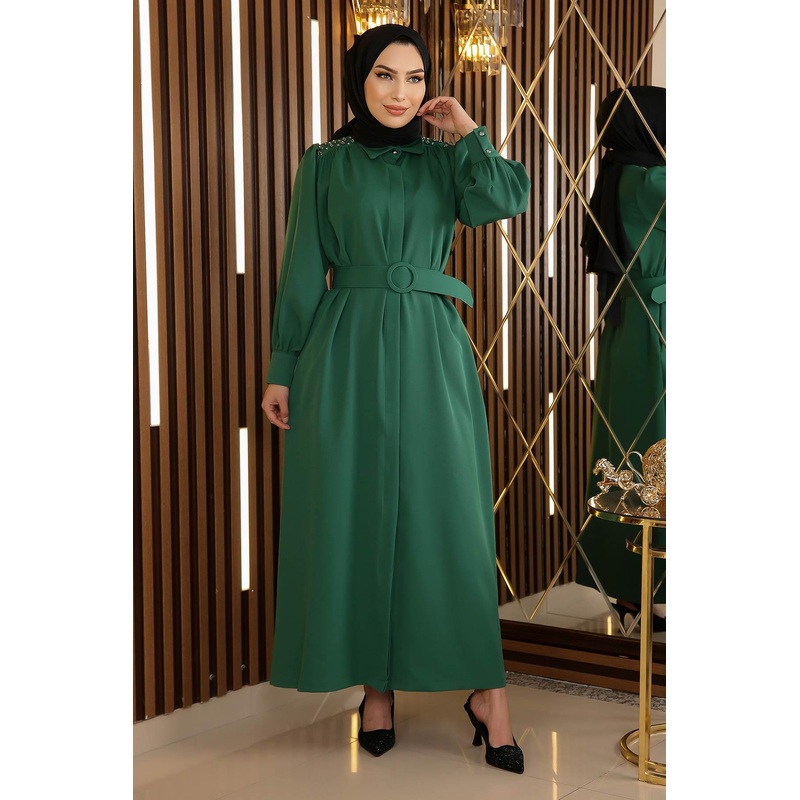 Stone Detailed Belted Dress Emerald 19115