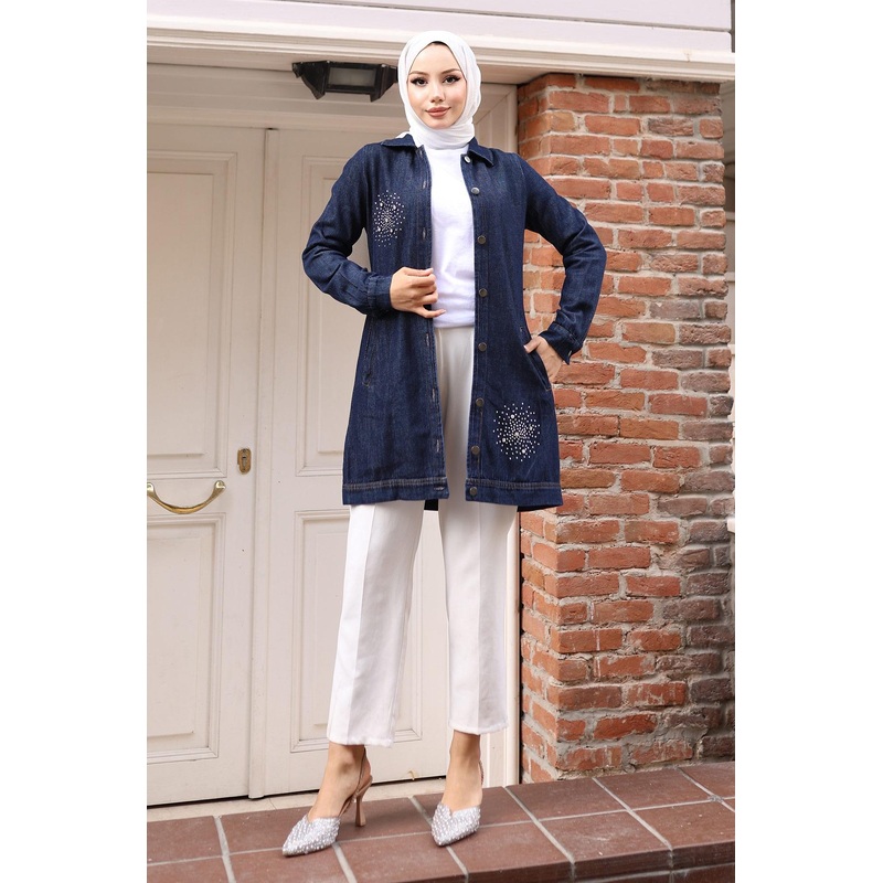 Stone Detailed Denim Shirt Dark Denim 19400