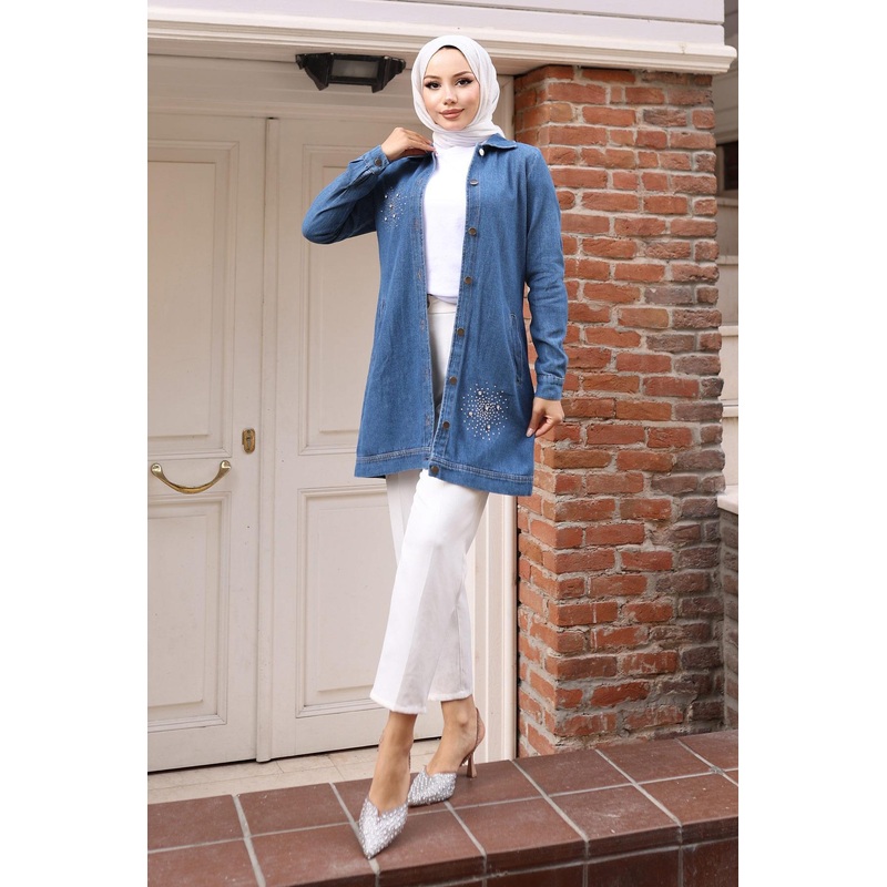 Stone Detailed Denim Shirt Light Denim 19400