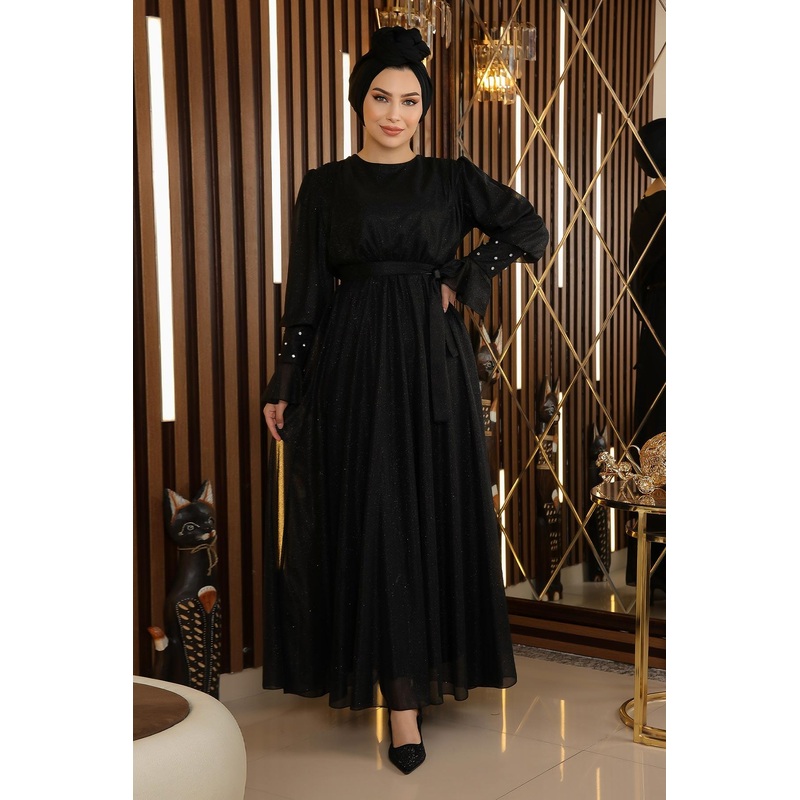 Stone Detailed Glittery Chiffon Evening Dress Black 19113