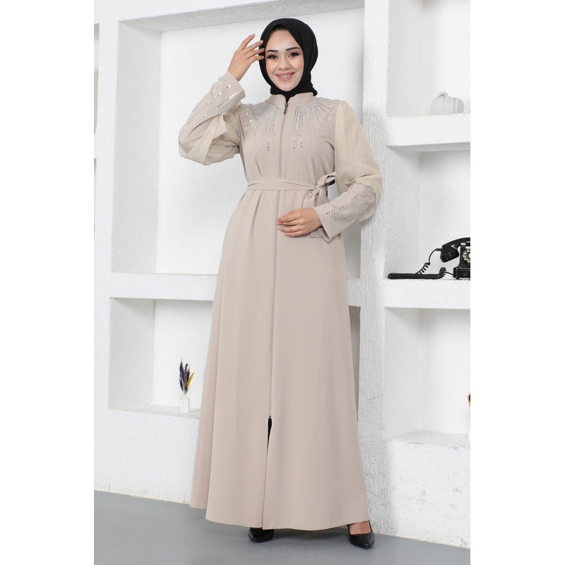 Stone Pearl Embellished Abaya Beige 12245