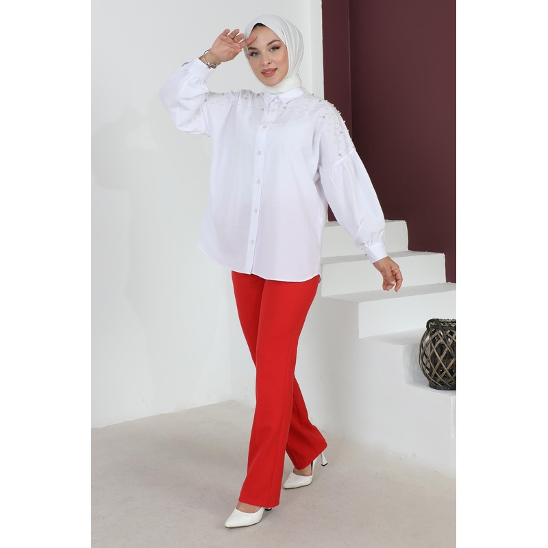 Striped Detailed Trousers Red 6078