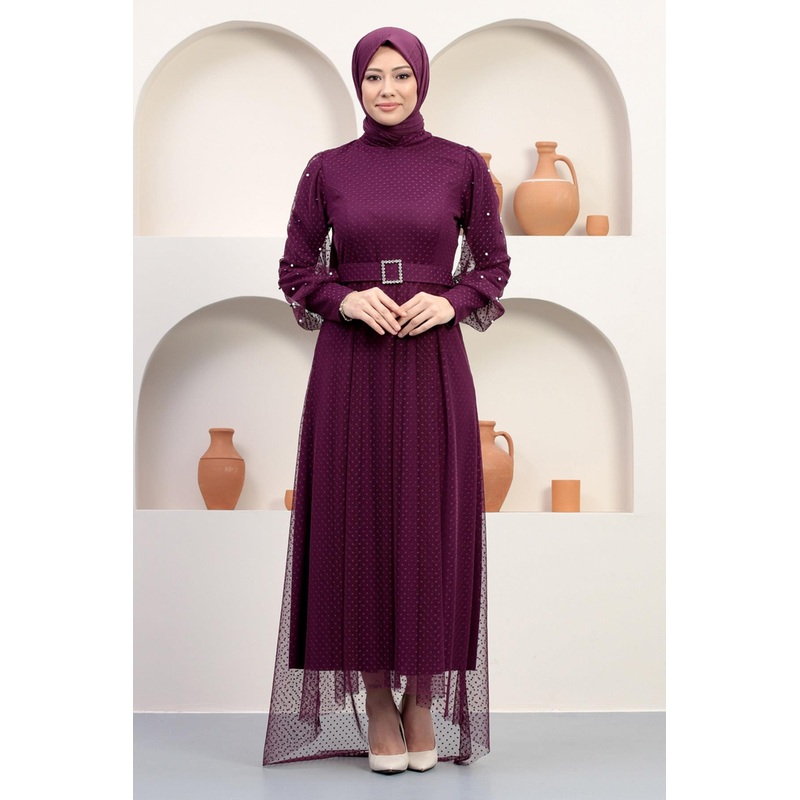 Tulle Evening Dress With Stoned Belt, Plum 12242