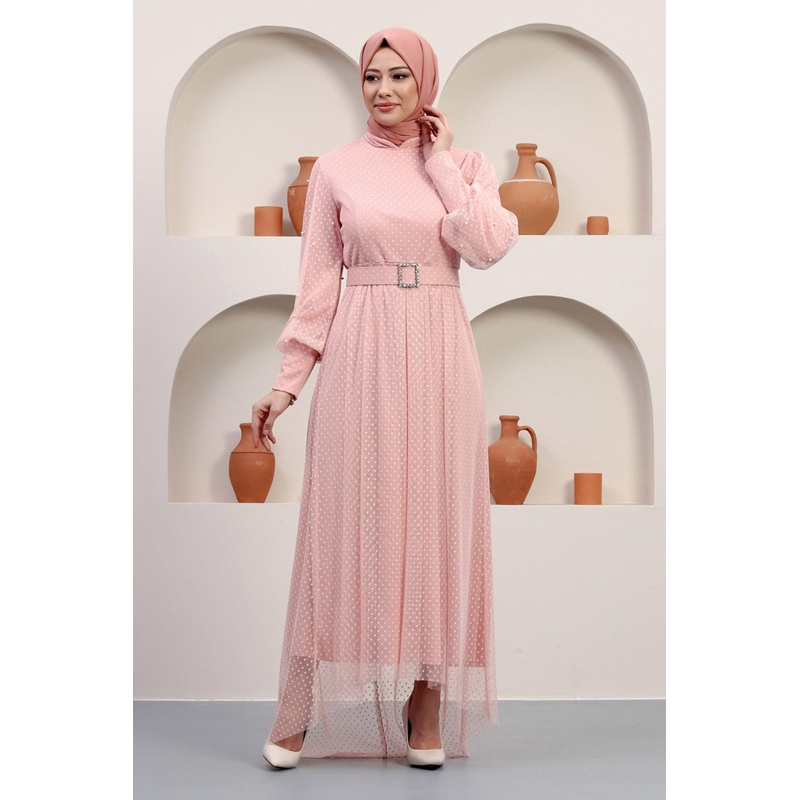 Tulle Evening Dress With Stoned Belt, Powder 12242