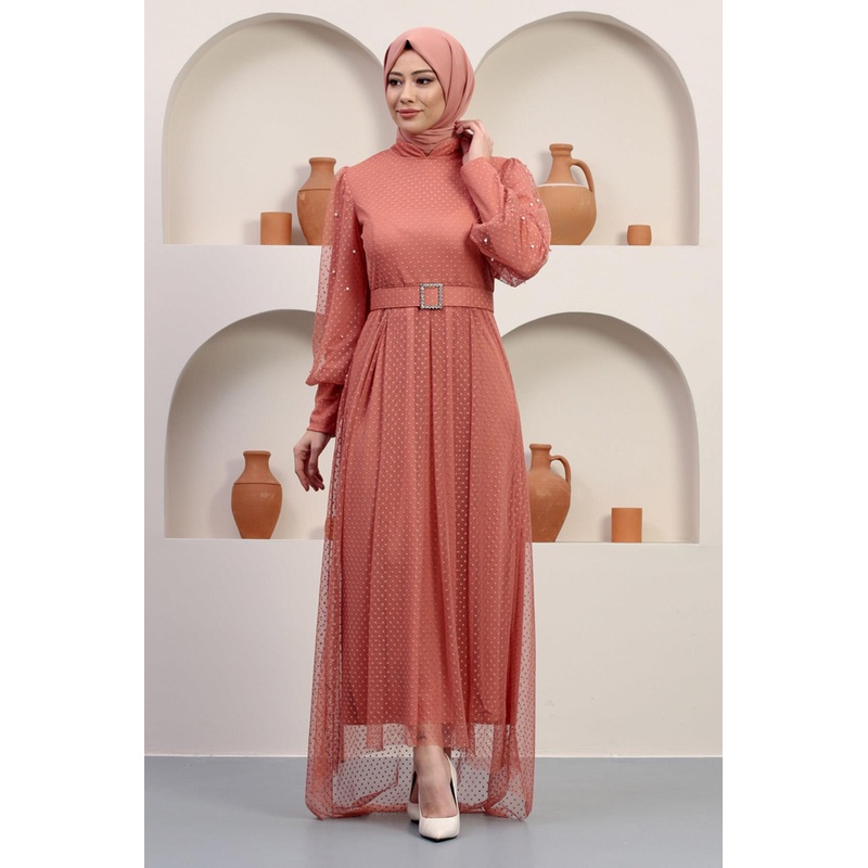 Tulle Evening Dress With Stoned Belt, Salmon 12242