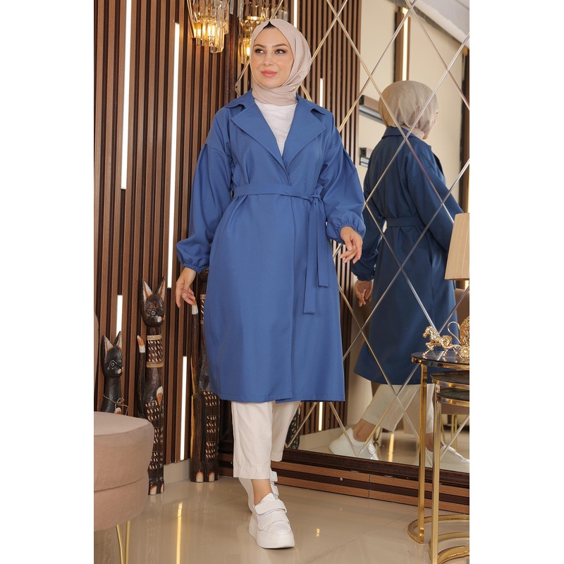 Wide Collar Belted Trench Coat Blue 19148