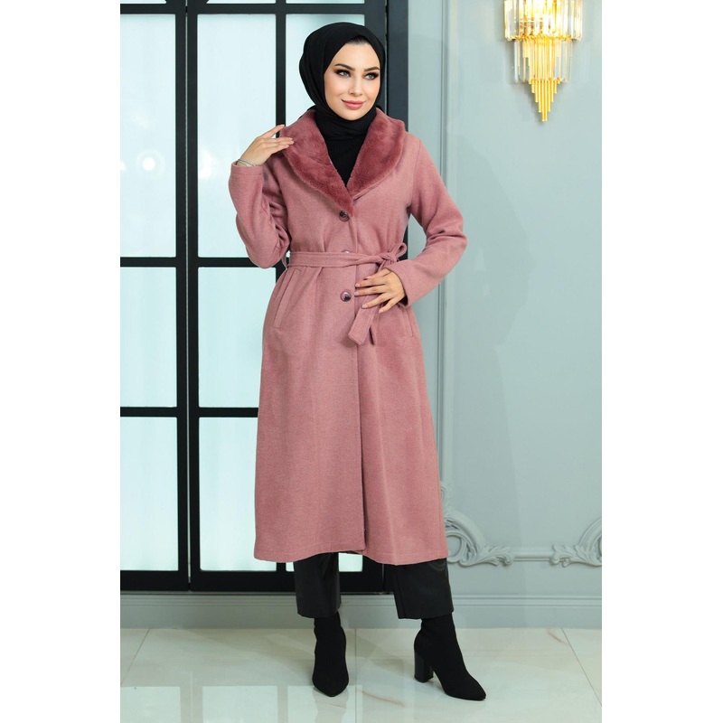 Wide Fur Collar Cashmere Coat Dusty Rose 19174