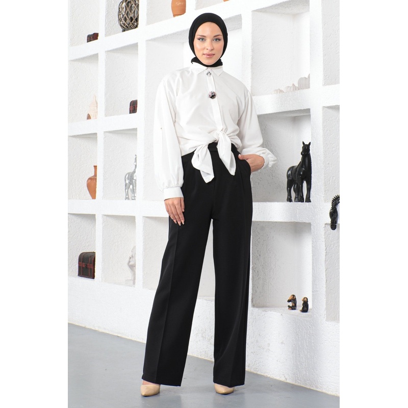 Wide Leg Fabric Trousers Black 6056