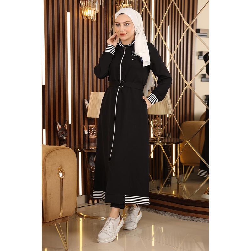 Zippered Hooded Abaya Black 19126
