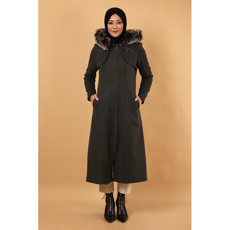 Zippered Hooded Cashmere Coat Anthracite 12265
