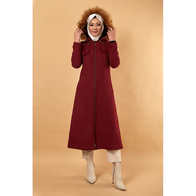 Zippered Hooded Cashmere Coat Claret Red 12265